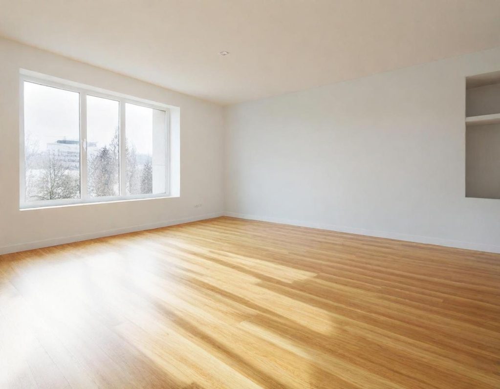 Heller, leerer Raum mit Holzboden und großen Fenstern, die Tageslicht hereinlassen.